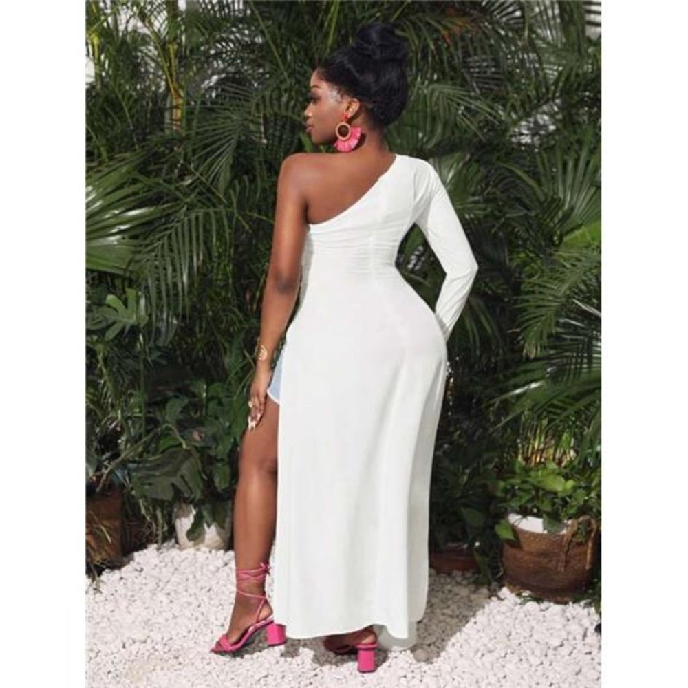 Super Long Top With One Shoulder, Long Sleeve, High Side Slit, Ruched Waistband - Picture 2 of 7